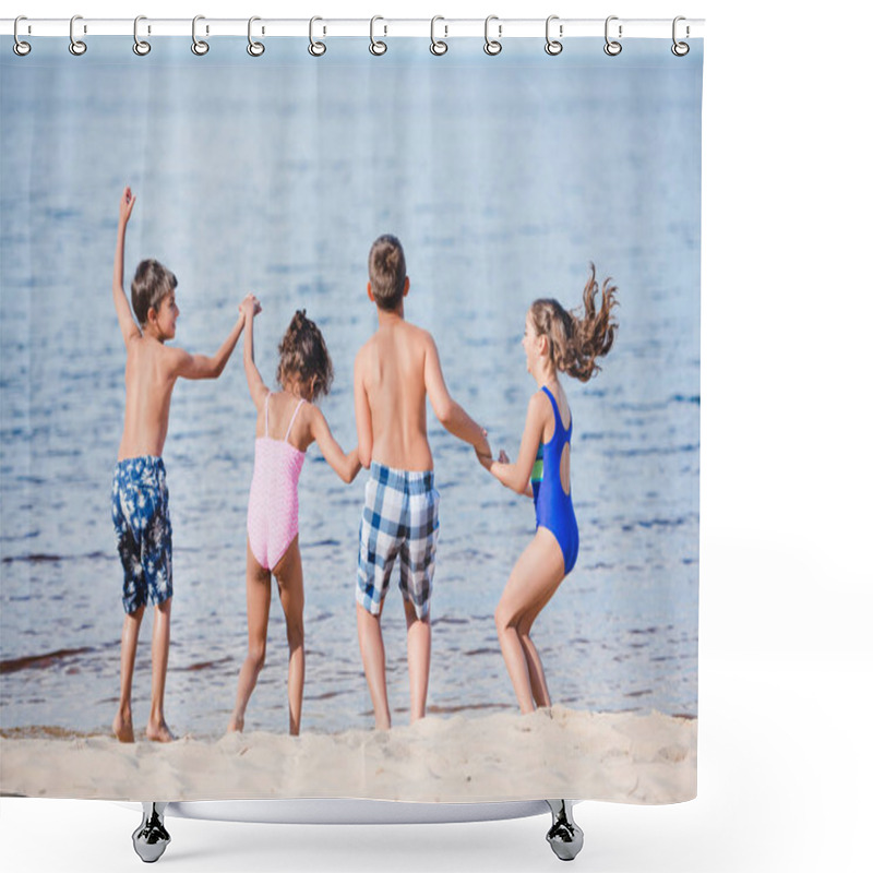 Personality  Children Standing On Sandy Beash Shower Curtains