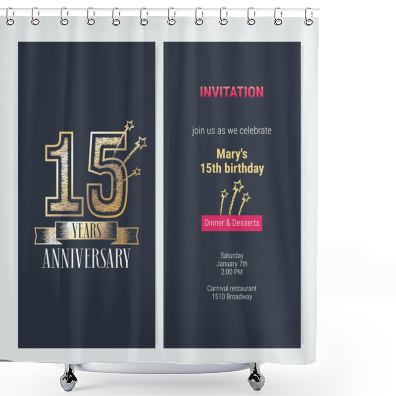 Personality  15 Years Anniversary Invitation To Celebration Event Vector Illustration. Design With Gold  Number And Bodycopy For 15th Birthday Card, Party Invite Shower Curtains