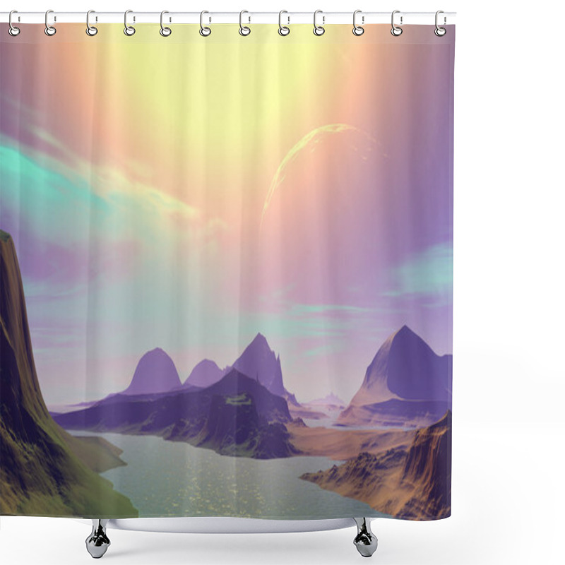 Personality  3D Rendered Fantasy Alien Planet. Sunset Of A Sun Shower Curtains