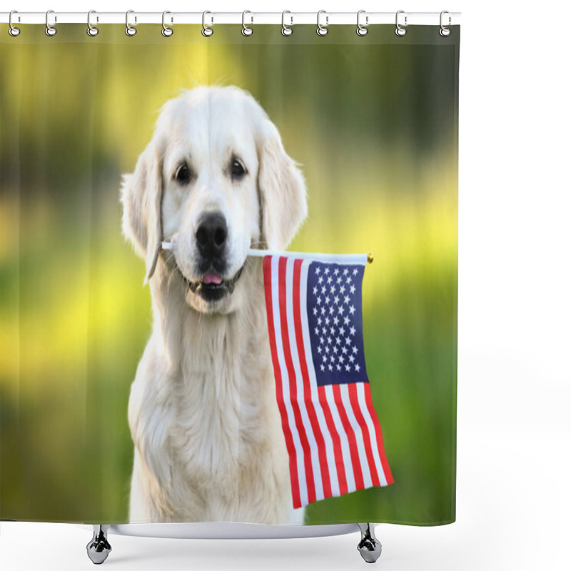 Personality  Happy Golden Retriever Dog Holding American Flag In Mouth  Shower Curtains