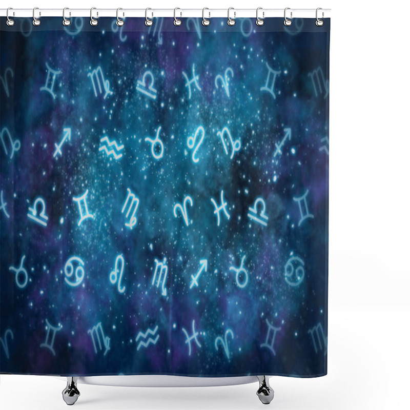 Personality  The Twelve Signs Of The Zodiac Are Randomly Placed Against The Background Of The Cosmos, The Universe. Astrology Background. Esotericism, Secrets Of The Universe. Shower Curtains