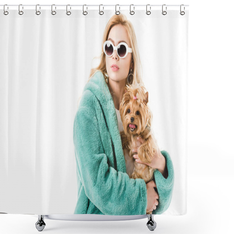 Personality  Blonde Woman Wearing Fur Coat Holding Cute Dog Isolated On White Shower Curtains