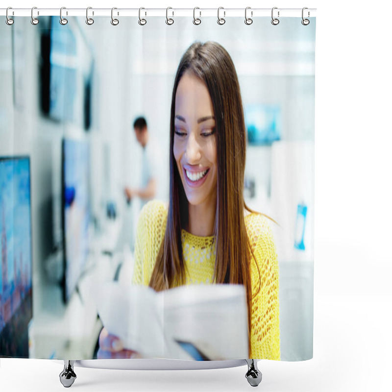 Personality  Smiling Woman Reading Brochure Shower Curtains