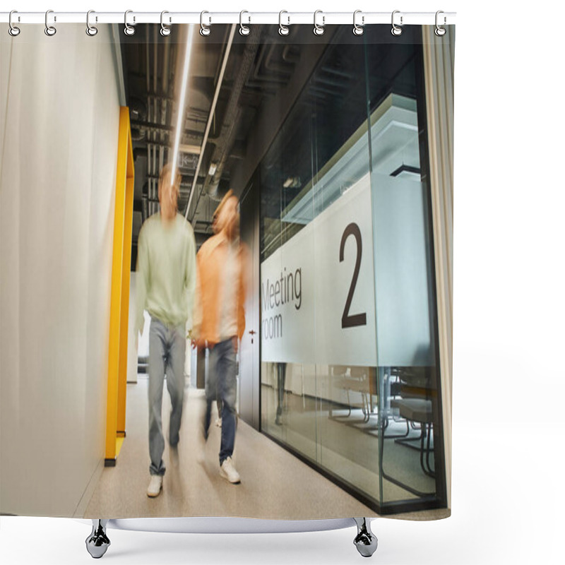 Personality  Long Exposure Of Two Successful Business Partners Walking Along Meeting Room In Corridor Of Contemporary Office With Coworking Environment And High Tech Interior, Dynamic Business Concept Shower Curtains