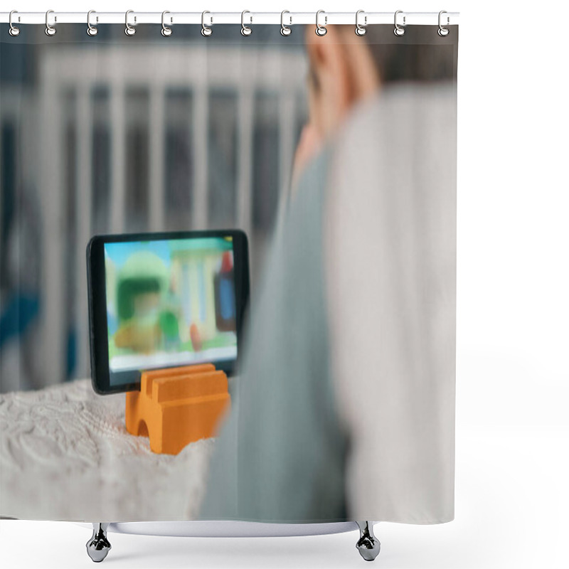 Personality  Selective Focus Of Boy Watching Online Lesson On Smartphone While Lying On Bed Shower Curtains