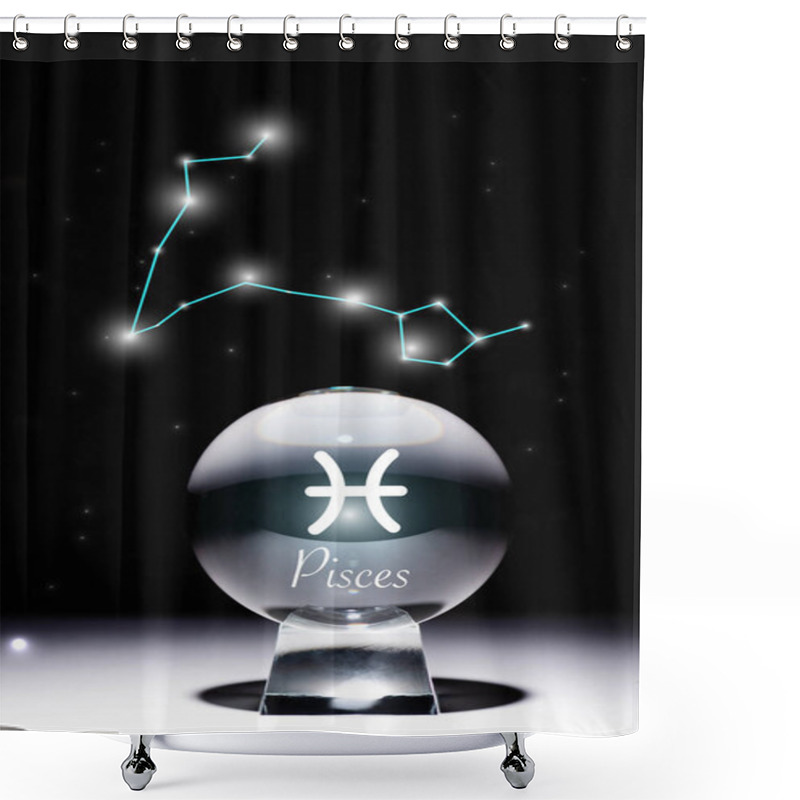 Personality  Crystal Ball With Pisces Zodiac Sign Isolated On Black With Constellation Shower Curtains