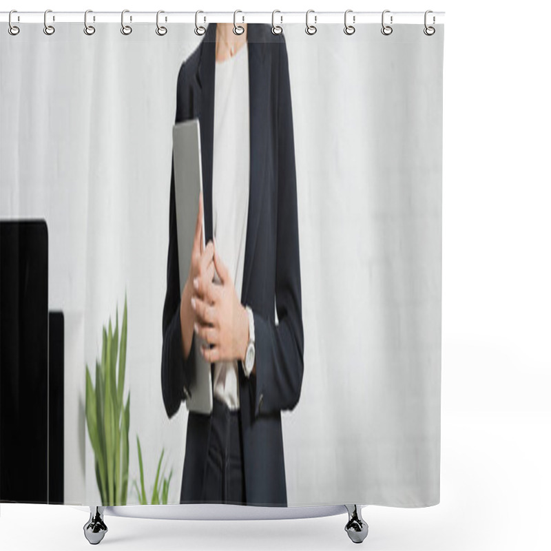 Personality  Cropped View Of Businesswoman In Formal Wear Holding Laptop Near Plants And Computer Monitors, Banner Shower Curtains