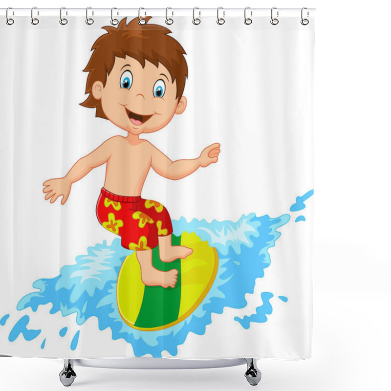 Personality  Kids Cartoon Play Surfing On Surfboard Over Big Wave Shower Curtains