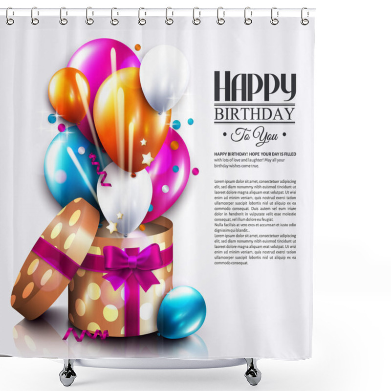 Personality  Birthday Card With Open Gift Box, Balloons And Magic Light Fireworks. Shower Curtains