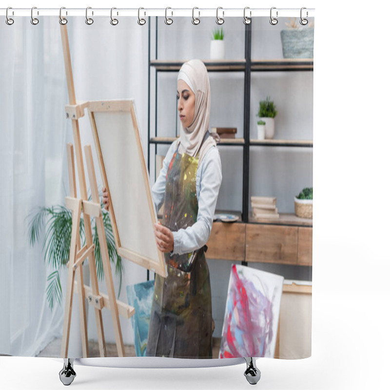 Personality  Muslim Woman In Hijab And Apron Holding Canvas Near Easel At Home Shower Curtains