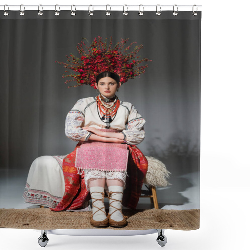 Personality  Full Length Of Young Ukrainian Woman In Traditional Clothing And Floral Red Wreath Sitting On Bench On Grey Shower Curtains