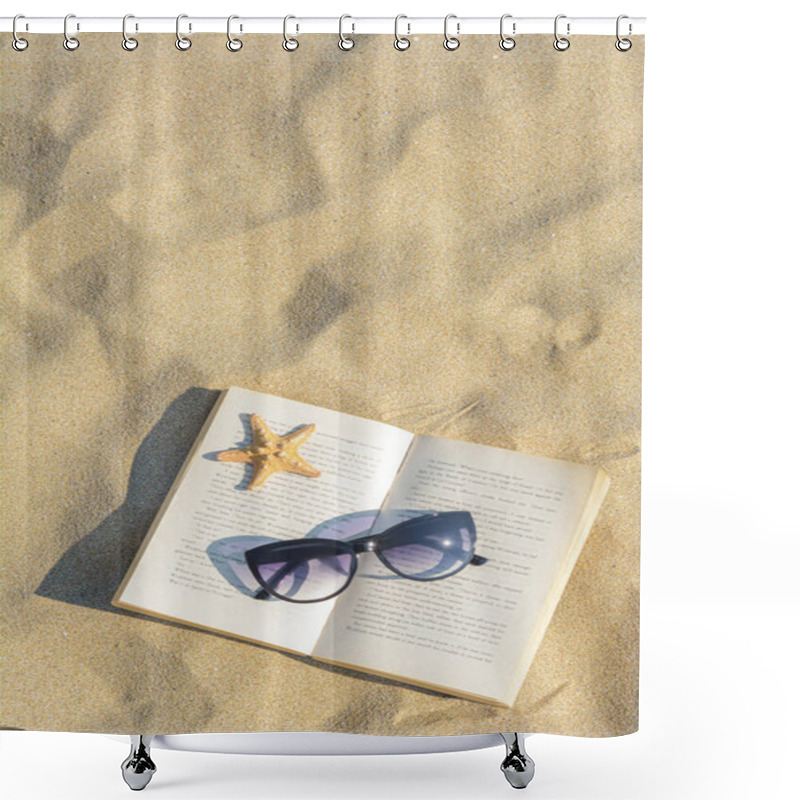 Personality  Beautiful Sunglasses, Book And Starfish On Sand, Top View. Space For Text Shower Curtains