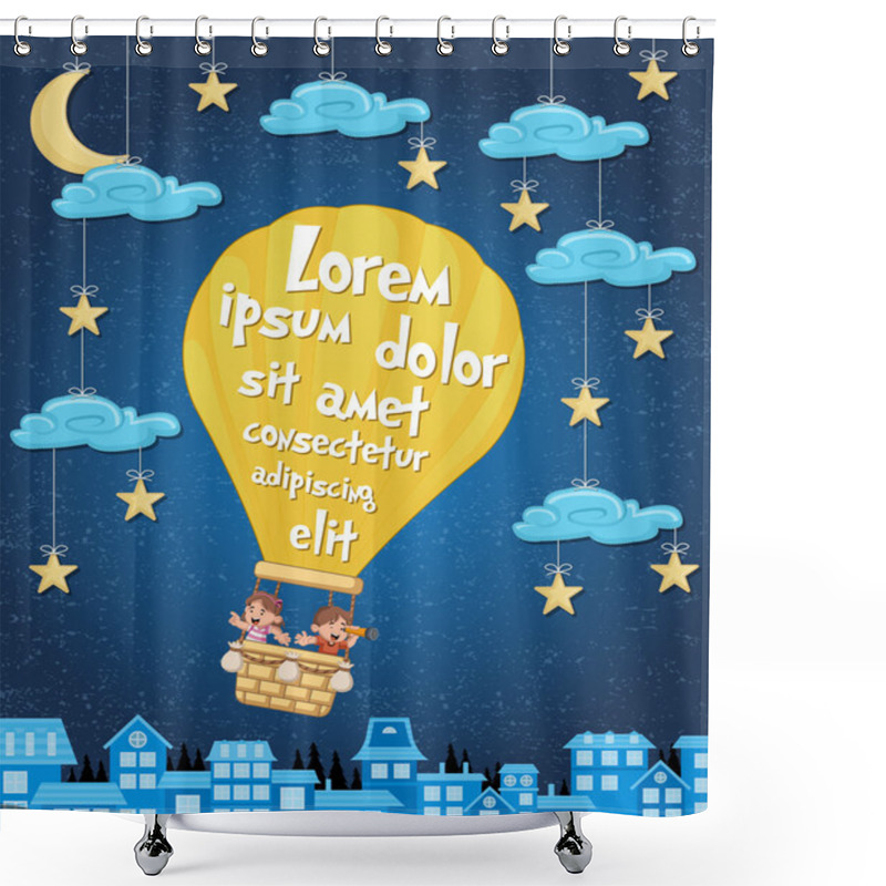 Personality  Cartoon Kids Inside A Hot Air Balloon Over The City.  Shower Curtains