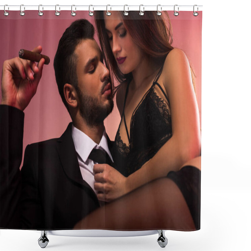 Personality  Young Handsome Businessman With Beautiful Girl In Lingerie Shower Curtains