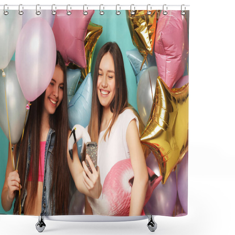 Personality  Two Girls In Stylish Summer Outfit , Paper Glasses  And Air  Bal Shower Curtains