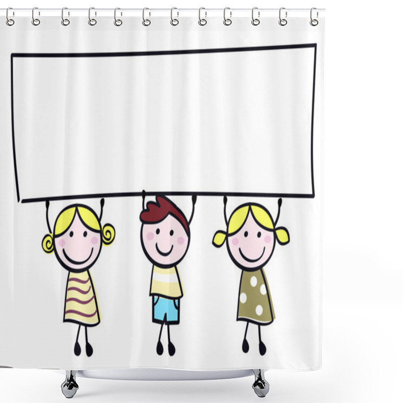 Personality  Cute Doodle Children Holding Blank Banner Sign Isolated On White Shower Curtains