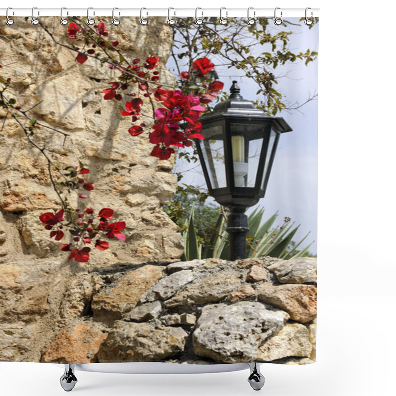 Personality  Old Style Lamp Post And Stony Wall In Sineu Shower Curtains