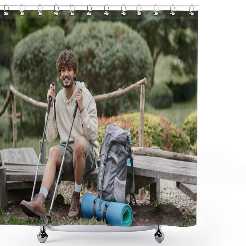 Personality  Cheerful Indian Backpacker Holding Trekking Poles And Looking At Camera In Forest Shower Curtains