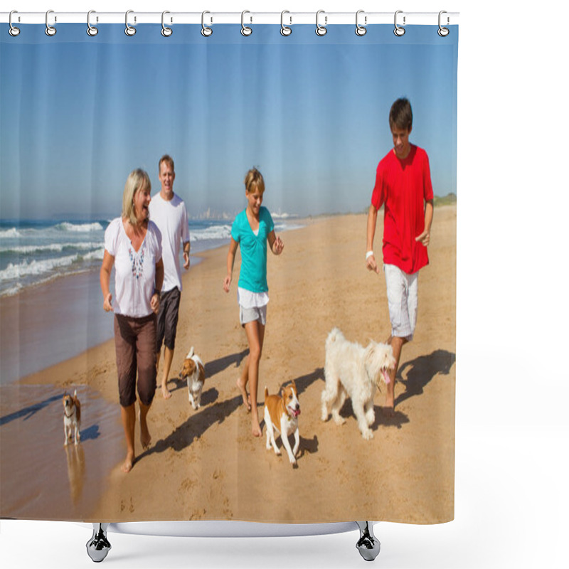 Personality  Active Family With Dogs Running On Beach Shower Curtains