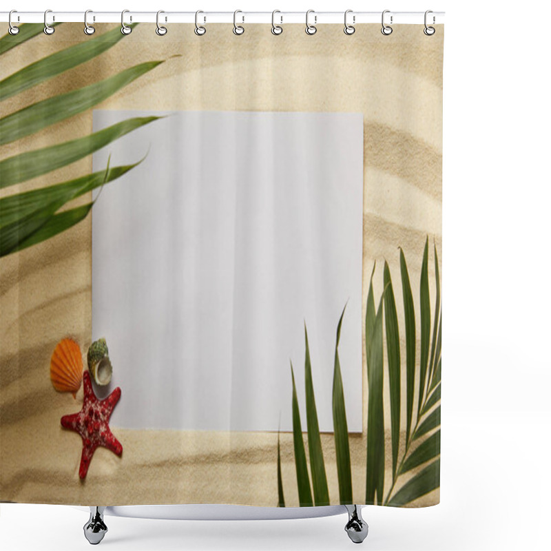 Personality  Top View Of Green Palm Leaves Near Blank Placard, Starfish And Shells On Sand Shower Curtains