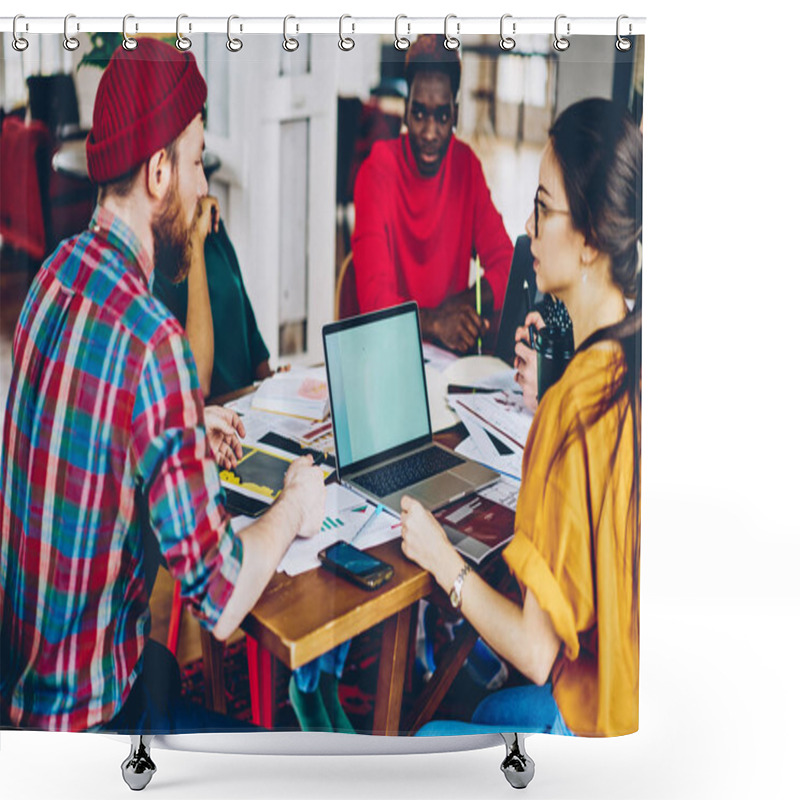 Personality  Young Male And Female Students Cooperating In Coworking Space Using Laptop Computer With Mock Up Screen, Multiracial Crew Of Skilled Employees Talking And Discussing Ideas During Meeting Table Shower Curtains