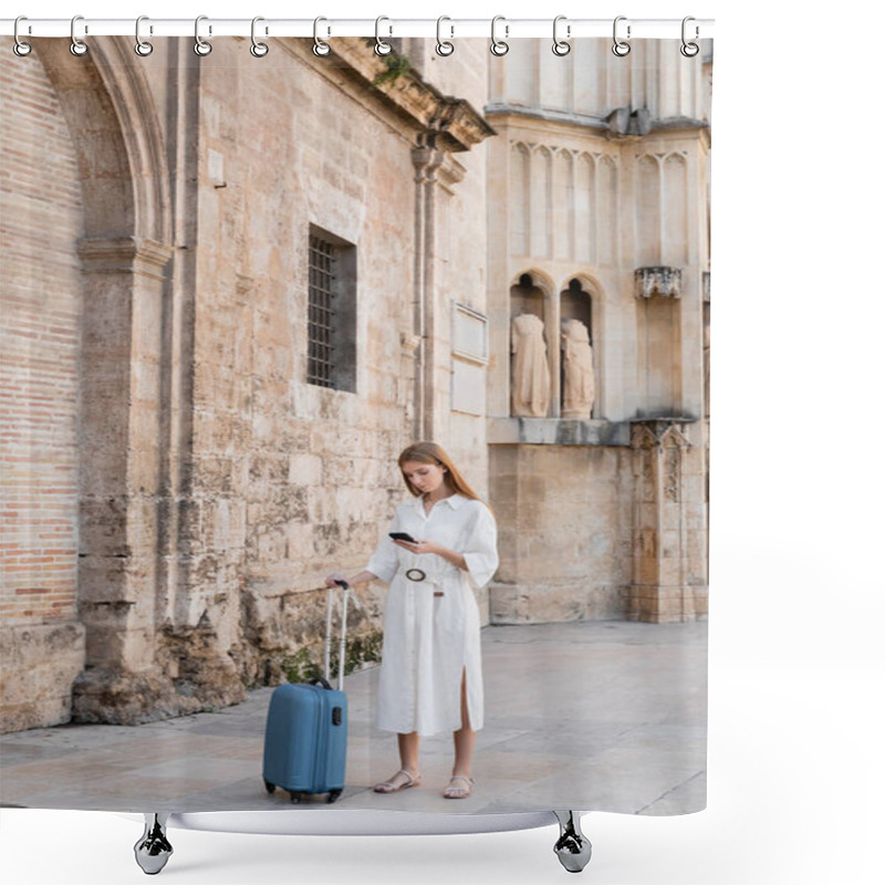 Personality  Full Length Of Redhead Woman Standing With Luggage And Using Smartphone While Searching Geolocation In Valencia  Shower Curtains