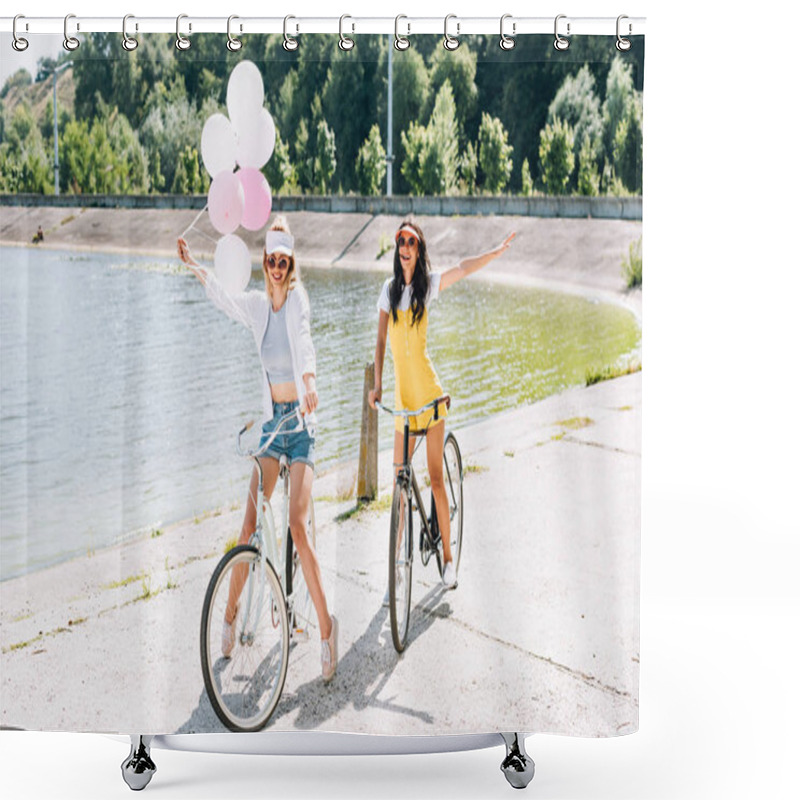 Personality  Happy Blonde And Brunette Girls Riding Bikes With Balloons Near River In Summer Shower Curtains