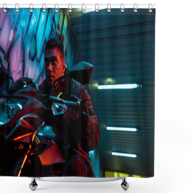 Personality  Low Angle View Of Handsome And Mixed Race Cyberpunk Player Riding Motorcycle  Shower Curtains