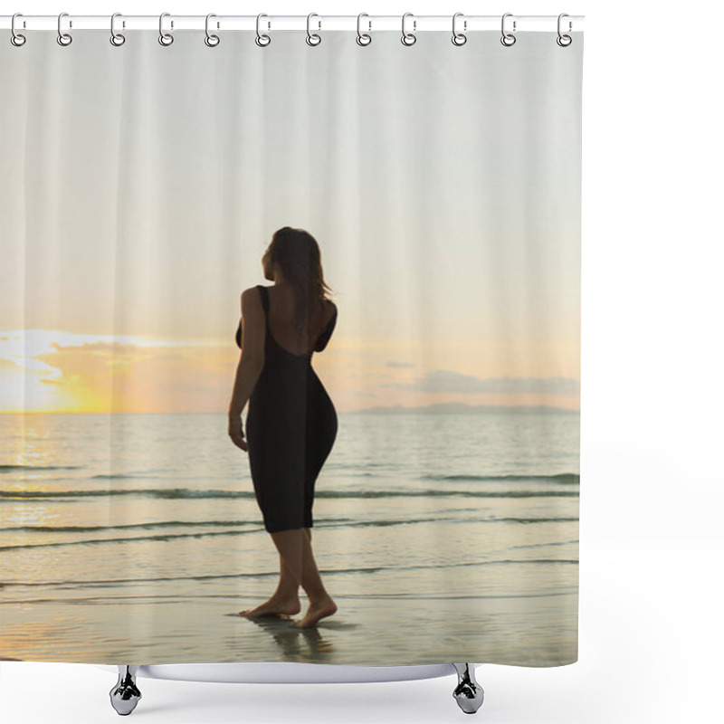 Personality  Back View Of Attractive Woman Standing Barefoot On Ocean Sandy Beach During Sunset Shower Curtains