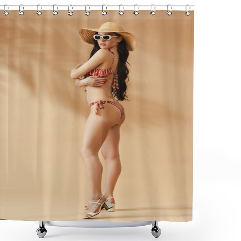 Personality  Side View Of Fashionable Sexy Brunette Woman In Striped Swimsuit, Straw Hat And Sunglasses On Beige Background Shower Curtains