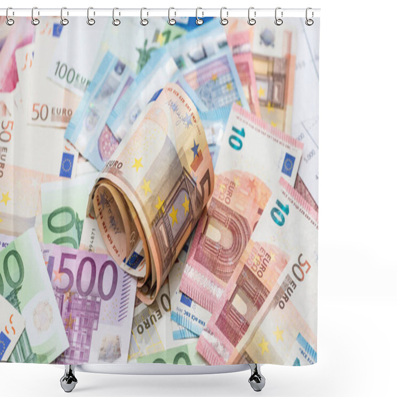 Personality  Flat Lay Of Euros Banknotes, Lot Of EU Money. Saving Investment Concept Shower Curtains