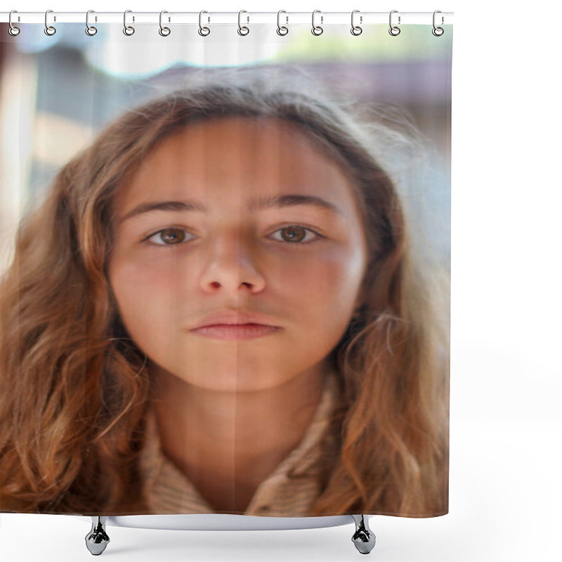 Personality  Portrait Of A Serious Young Girl With Brown Eyes. Sad Teenager Girl Looking Directly At The Camera Shower Curtains