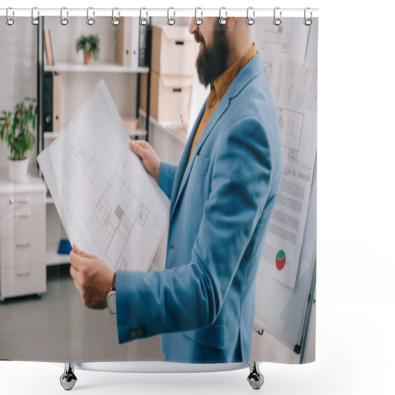 Personality  Cropped View Of Adult Male Architect In Blue Formal Wear Holding Blueprint, Using Flip Chart And Working On Project In Office Shower Curtains