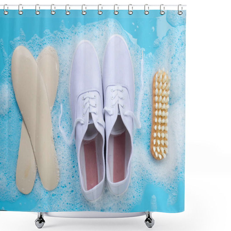 Personality  Sneakers With Foam Of Powder Detergent Water Dissolution And Wooden Brush On Blue Background. Washing Dirty Shoes. Shower Curtains