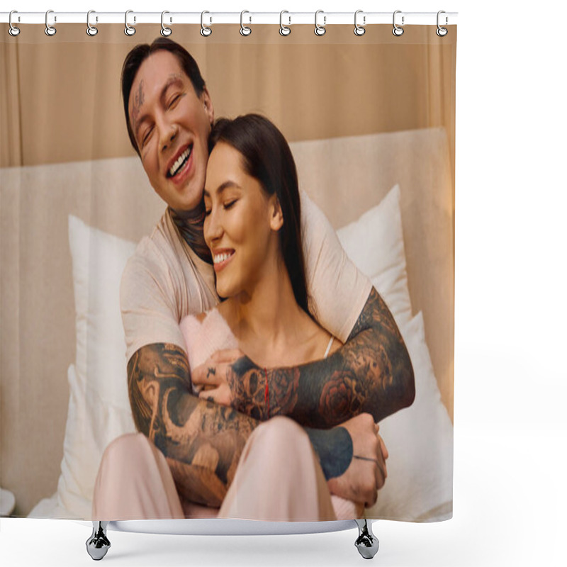 Personality  A Man And Woman Embrace Happily, Radiating Warmth And Affection For Each Other In Their Space. Shower Curtains