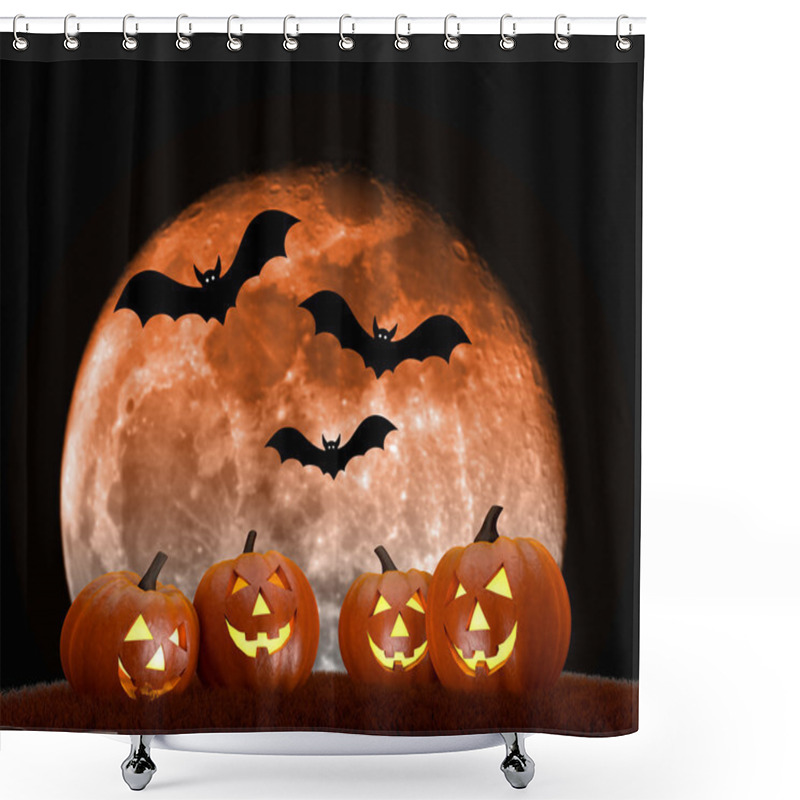 Personality  Halloween Background Scene With Full Moon, Pumpkins And Bats Shower Curtains