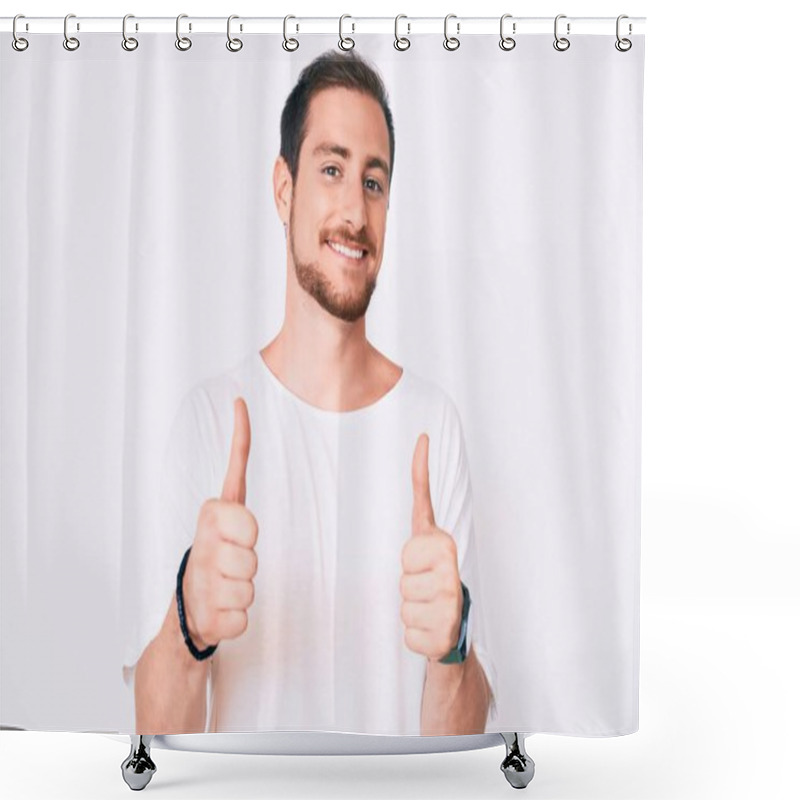 Personality  Young Handsome Man Wearing Casual White Tshirt Success Sign Doing Positive Gesture With Hand, Thumbs Up Smiling And Happy. Cheerful Expression And Winner Gesture.  Shower Curtains