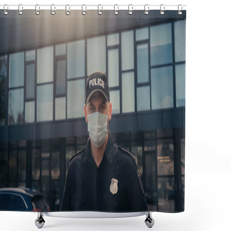 Personality  Police Officer In Medical Mask And Uniform With Badge Looking At Camera Near Building  Shower Curtains