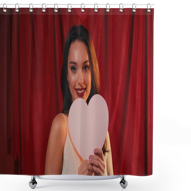 Personality  Positive Woman Holding Paper Heart And Smiling On Red Shower Curtains