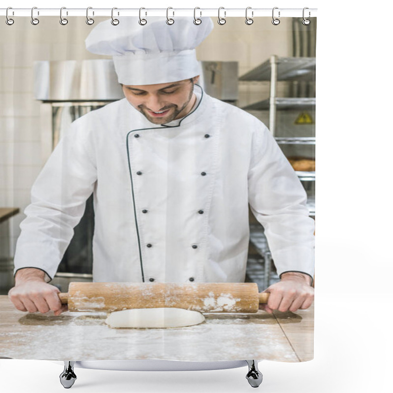 Personality  Smiling Baker Rolling Out Uncooked Dough On Wooden Table Shower Curtains