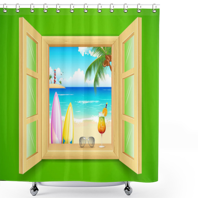 Personality  Sea Beach View From Window Shower Curtains