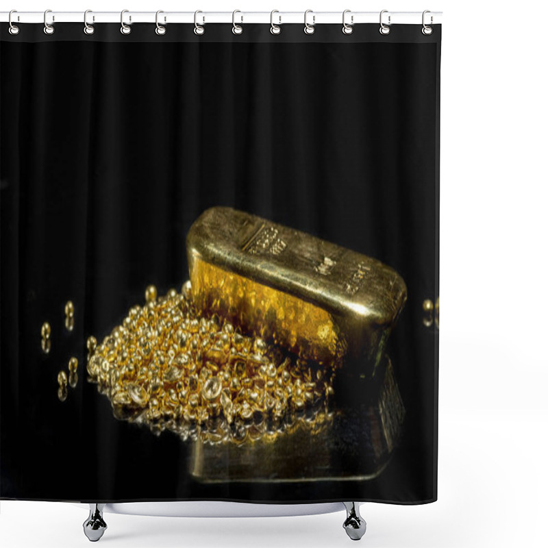 Personality  Gold Bar On A Pile Of Gold Granules. Isolated On A Black Background. Shower Curtains