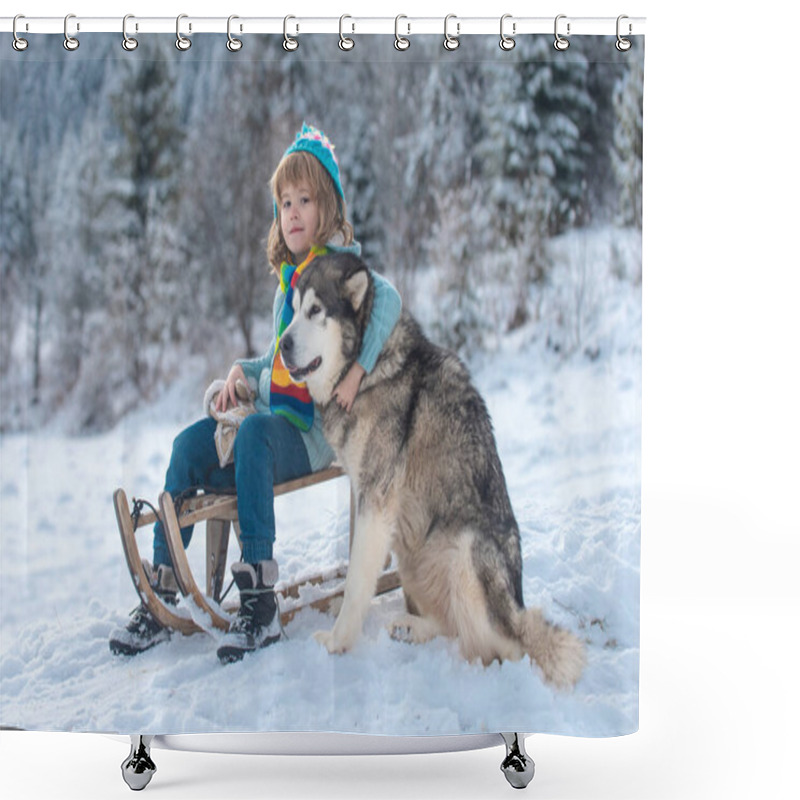 Personality  Winter Children. Little Boy With Dog Having Fun In The Snow. Winter Greeting Card, Banner, Poster. Theme Christmas Holidays Winter New Year. Shower Curtains