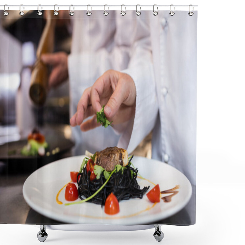 Personality  Chef Garnishing Meal On Counter Shower Curtains