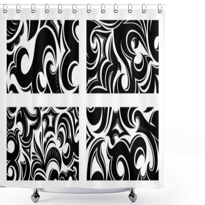 Personality  Set Of Decorative Abstract Background With Floral, Tribal Elements In Damask, Gothic, Baroque Style, Business Card Template, Packaging, Cover, Plastic Card, Flyer. Black And White Vector Illustration Shower Curtains