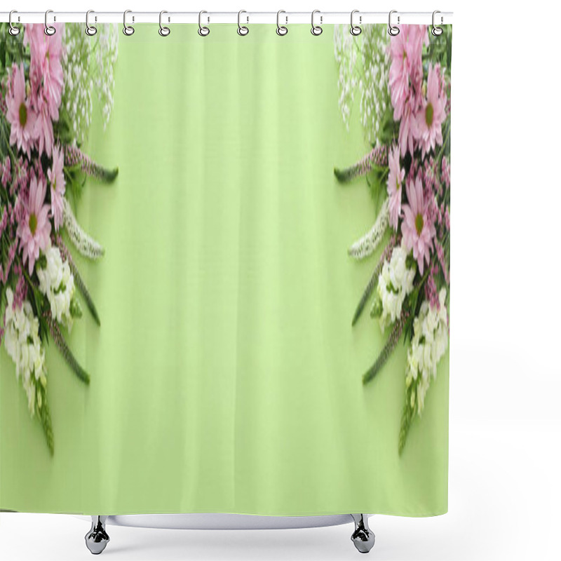 Personality  Spring Bouquet Of Pink And White Flowers Over Pastel Green Wooden Background. Top View, Flat Lay Shower Curtains