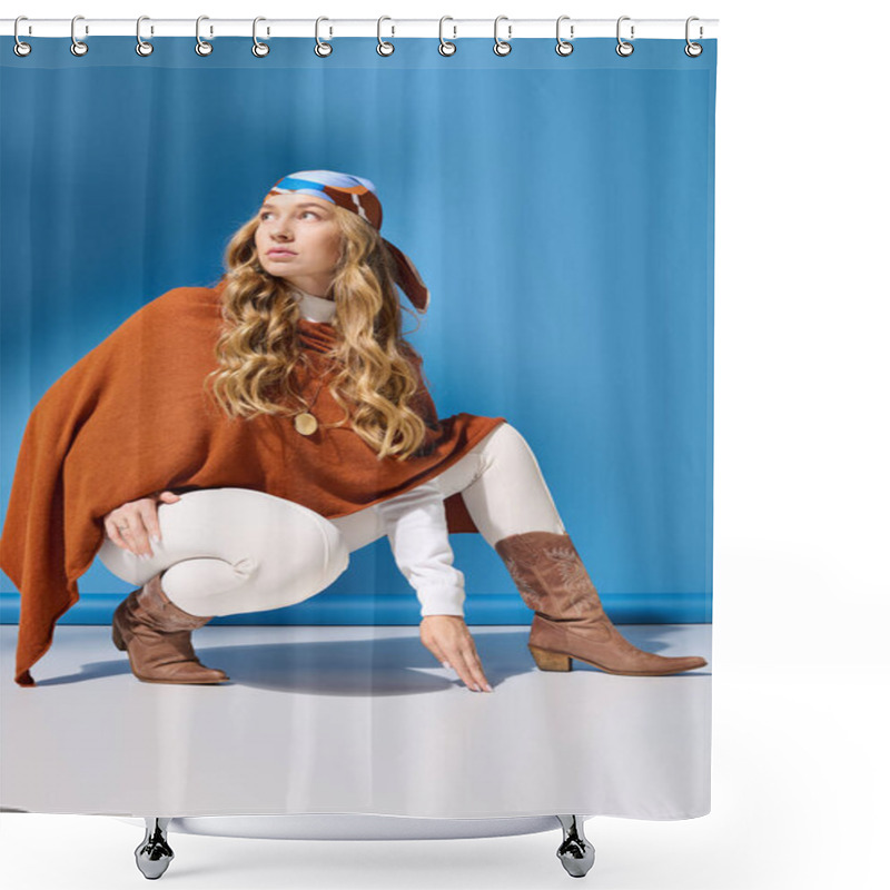 Personality  A Young, Beautiful Plus Size Woman Poses In Stylish Attire Against A Bright Blue Backdrop. Shower Curtains