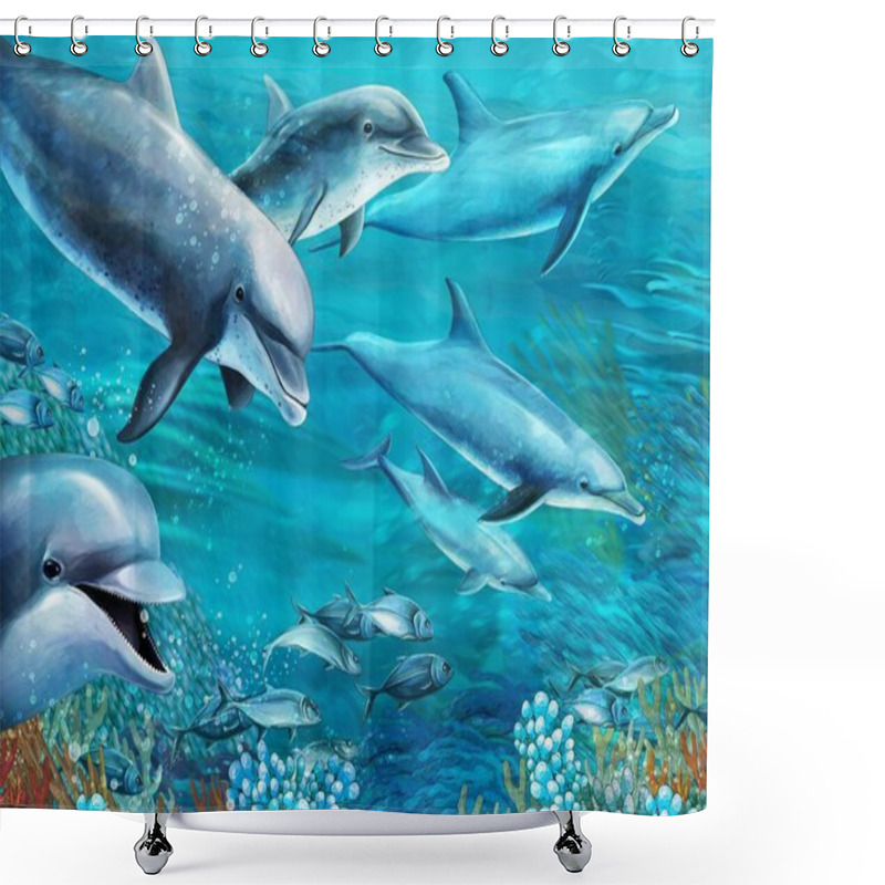 Personality  Cartoon Scene With Coral Reef Animals Underwater Illustration For Children Shower Curtains