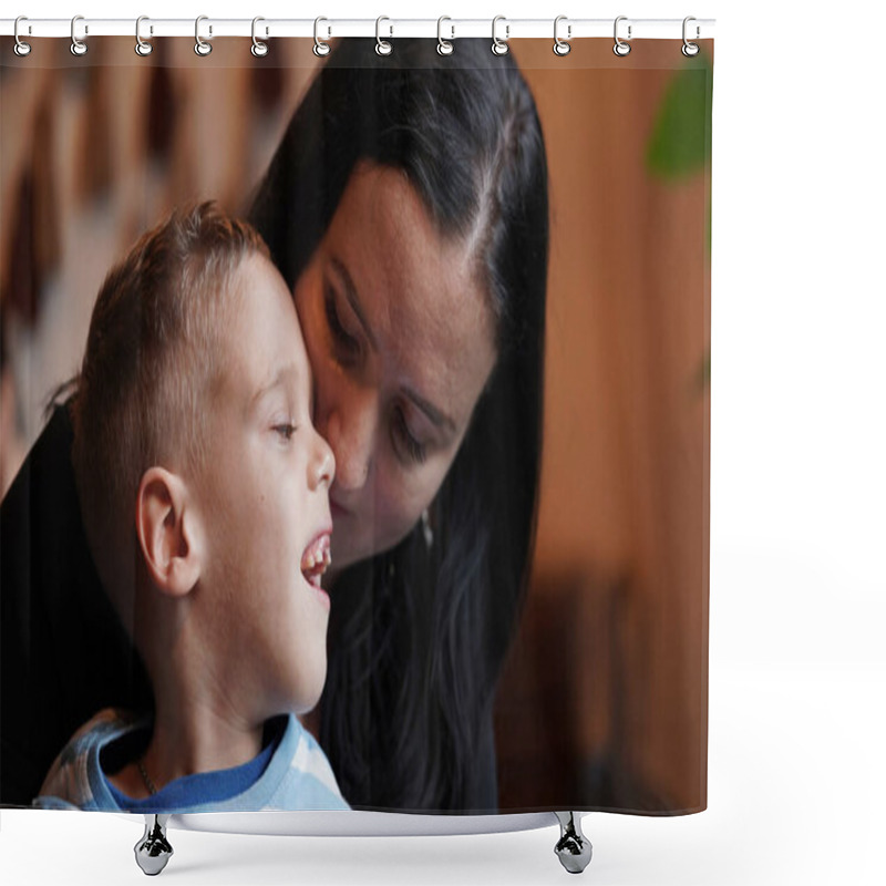 Personality  Close Up Portrait Of A Little Boy With Special Needs And Mom Laughing At A Table In A Cafe, Lifestyle. Mom's Love For Her Child, Inclusion.Happy Disability Kid Concept. Shower Curtains