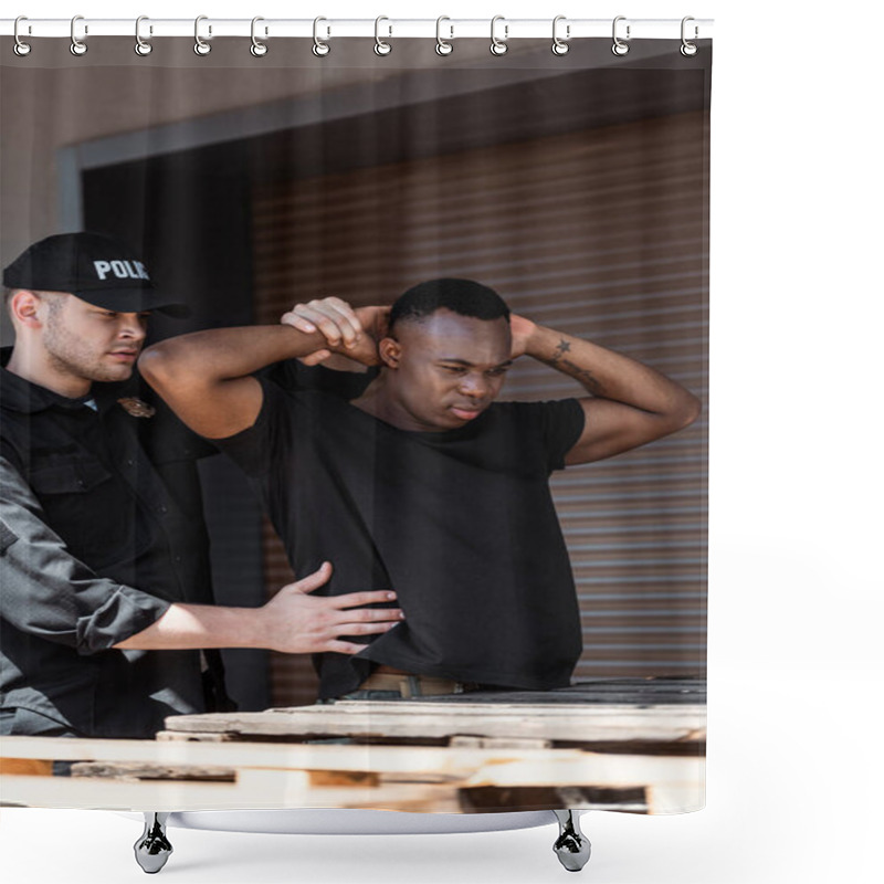 Personality  Selective Focus Of Policeman In Cap With Police Lettering Detaining African American Man Shower Curtains